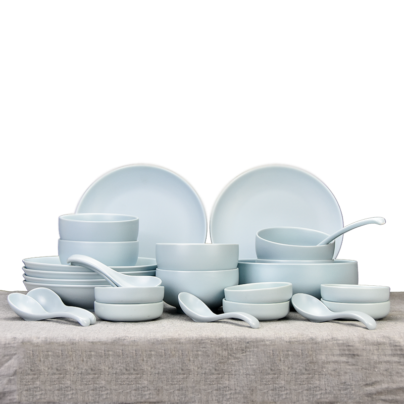 风源陶瓷餐具套装北欧创意碗盘家用简约结婚送礼厨房碗筷碗碟组合套装(14头蓝色)