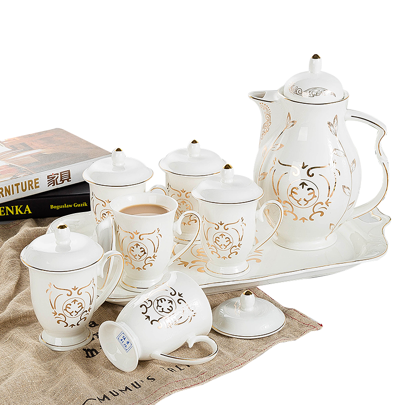 风源fy陶瓷下午茶欧式咖啡具 茶具套装带茶盘家用整套侧把壶花茶杯子大杯礼盒装（黄金叶）