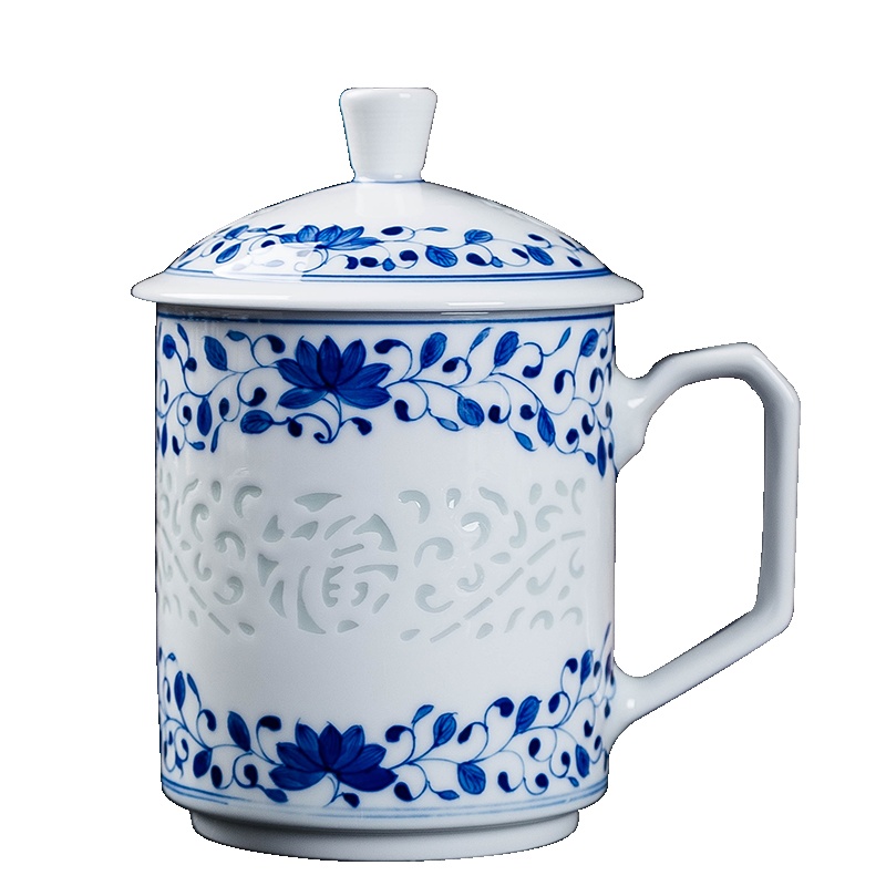 风源陶瓷办公室茶杯带盖手绘青花玲珑茶杯子耐热个人单杯