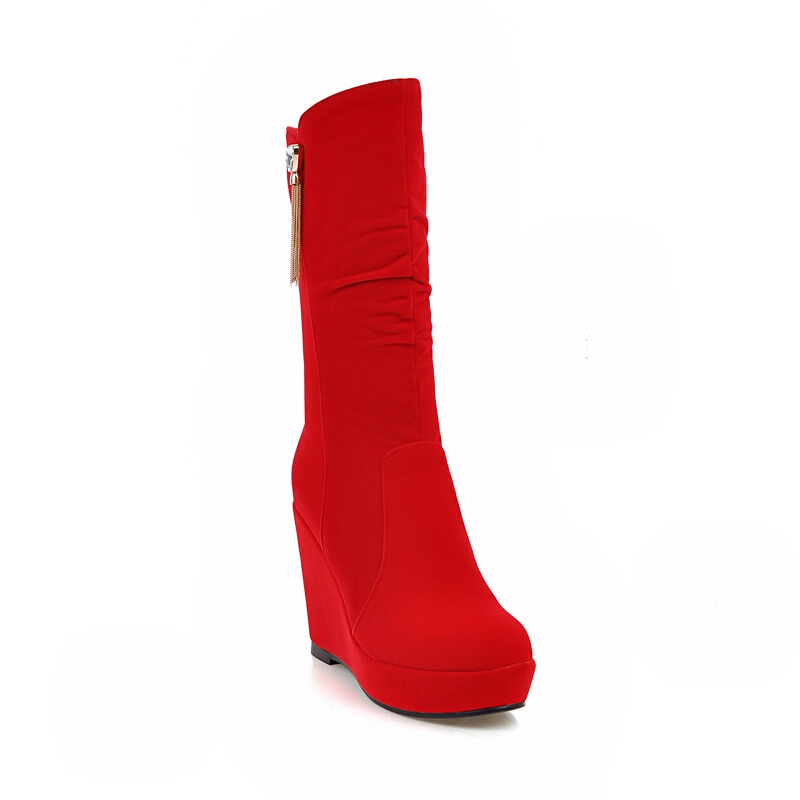 CAETIENT2017新款红色新娘鞋女靴子串珠流苏坡跟中筒靴高跟婚鞋秋冬季单靴