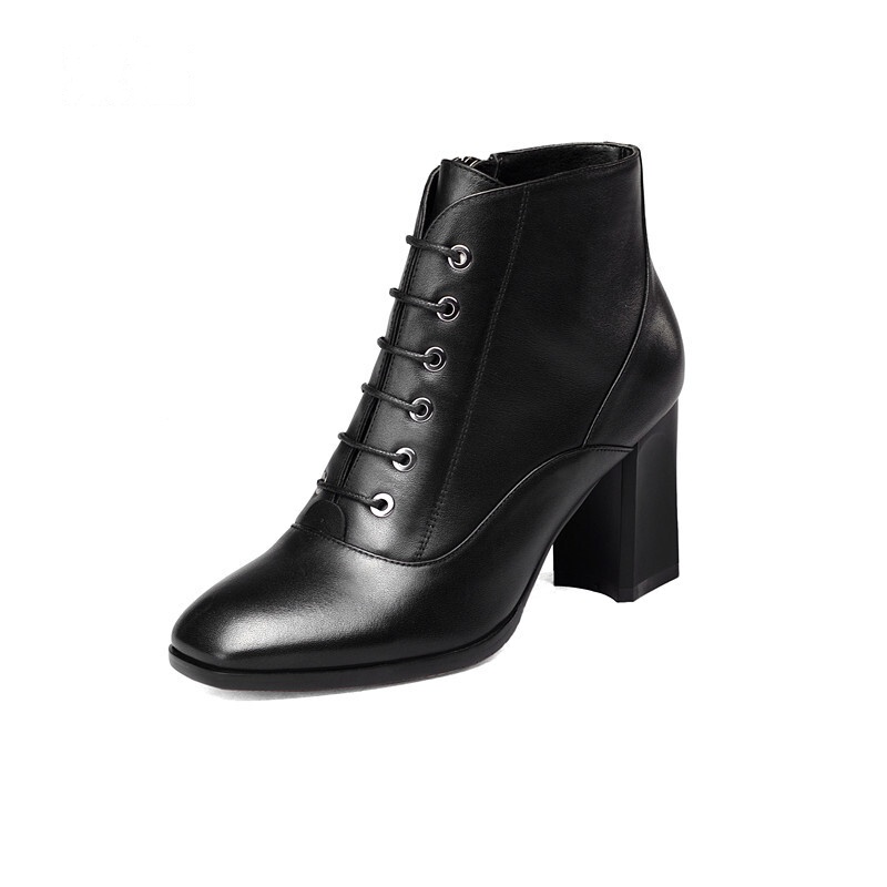 CAETIENT2017秋季新款粗跟方头短筒靴棕色黑色侧拉链女士靴子单靴马丁靴7cm