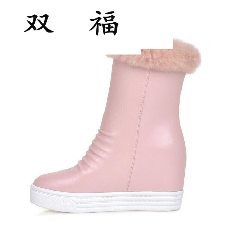 冬季粉白色平底雪地靴女短靴兔毛内增高中筒靴坡跟厚底保暖棉鞋子D0005