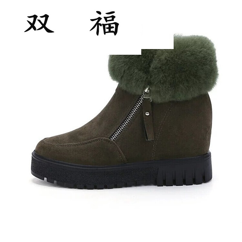 冬季新款棉鞋加绒休闲保暖纯色短靴女中高跟平底短筒及踝雪地靴潮