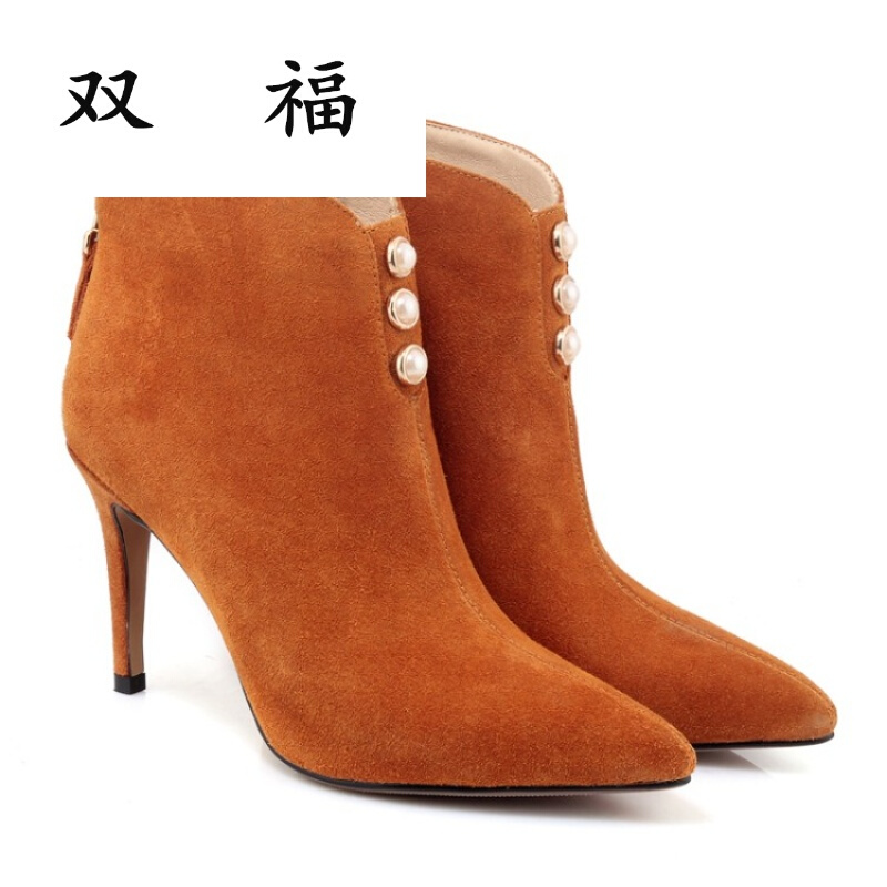秋冬新款韩范风时尚气质甜美真皮磨砂短靴细跟高跟尖头皮靴女靴子