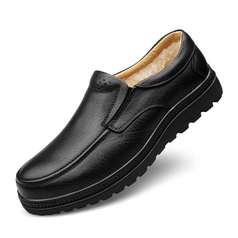 过年爸爸穿的套脚休闲皮鞋加棉保暖冬季防滑耐磨真皮防水老人鞋子