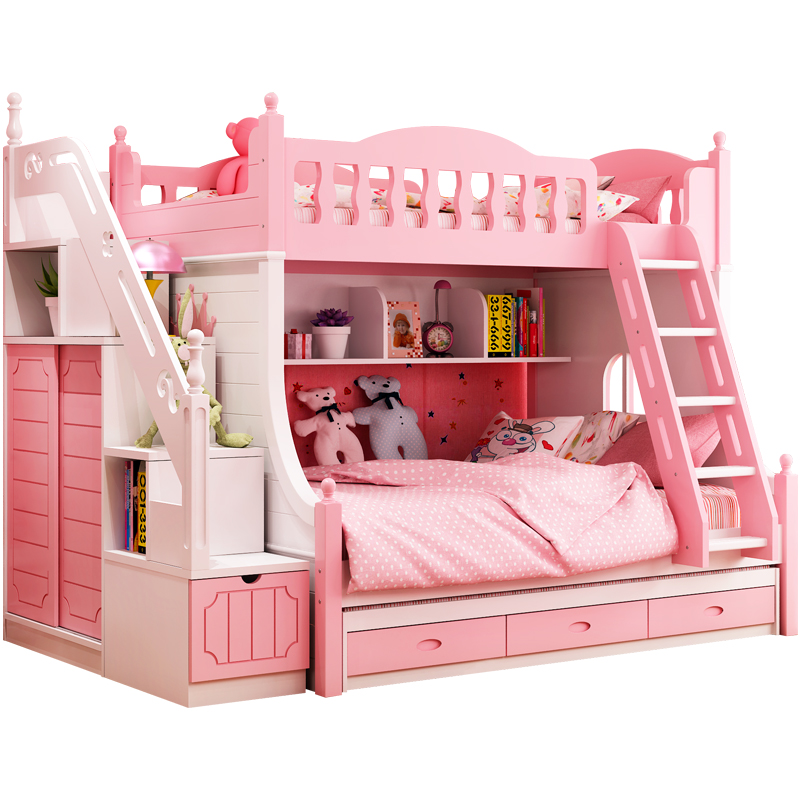 莱柯檑 高低床儿童床 上下床 女孩双层床 公主粉色实木子母床多功能床组合床