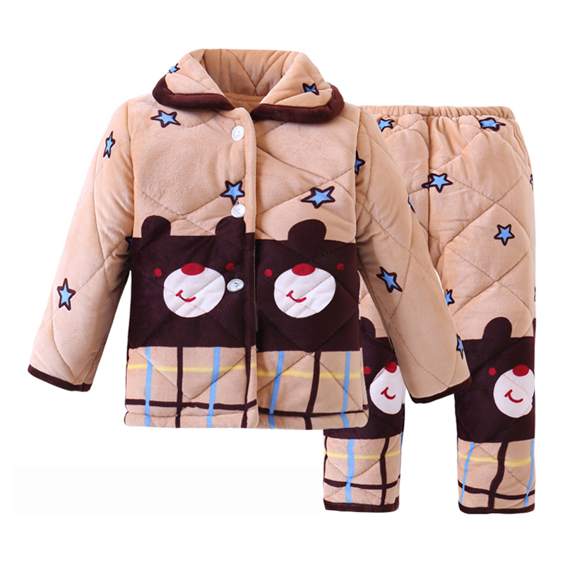 莎丞 儿童冬季睡衣加厚款男童女童法兰绒小孩子三层夹棉珊瑚绒宝宝套装