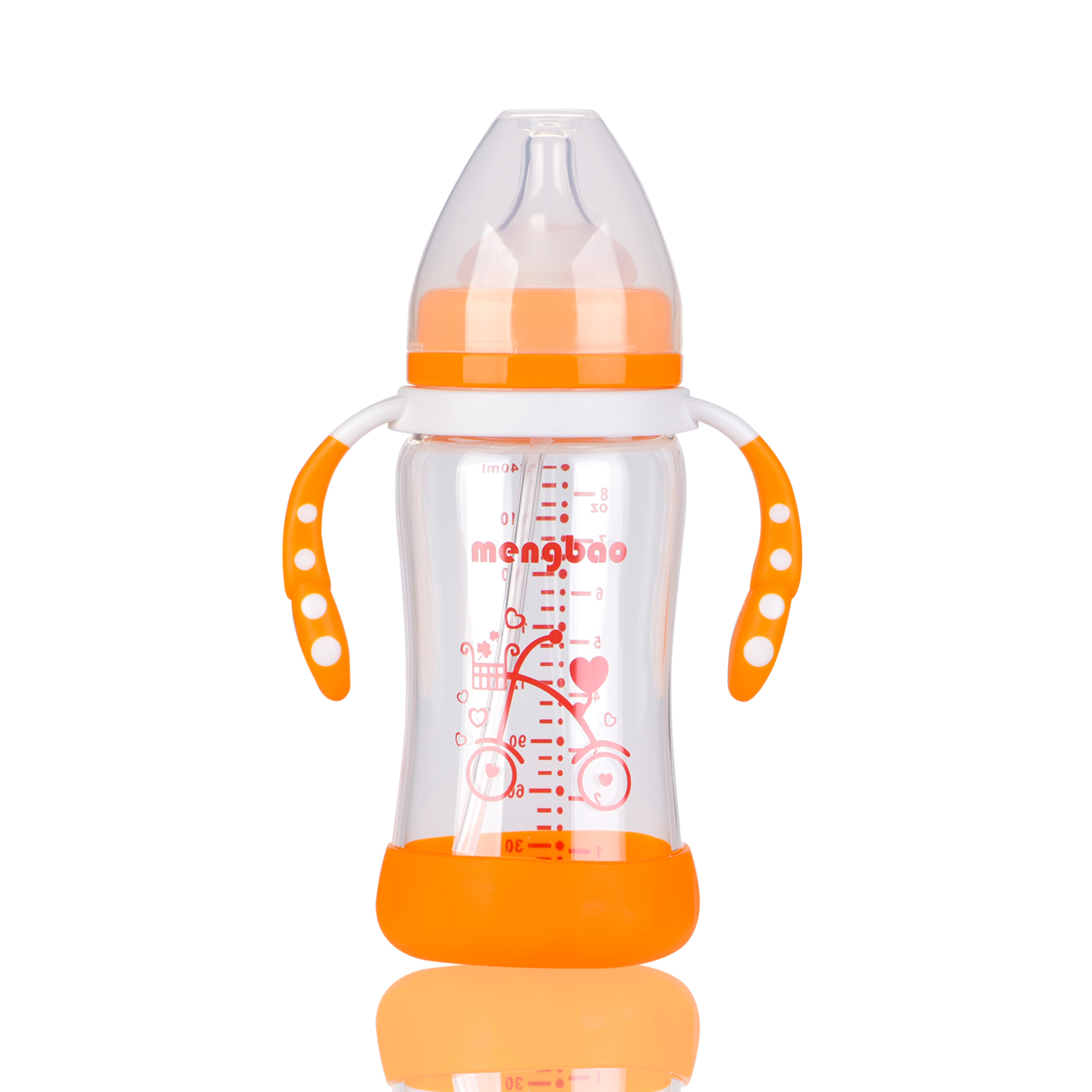 盟宝玻璃奶瓶 婴儿带手柄吸管宽口径奶瓶 防摔240ml橙色