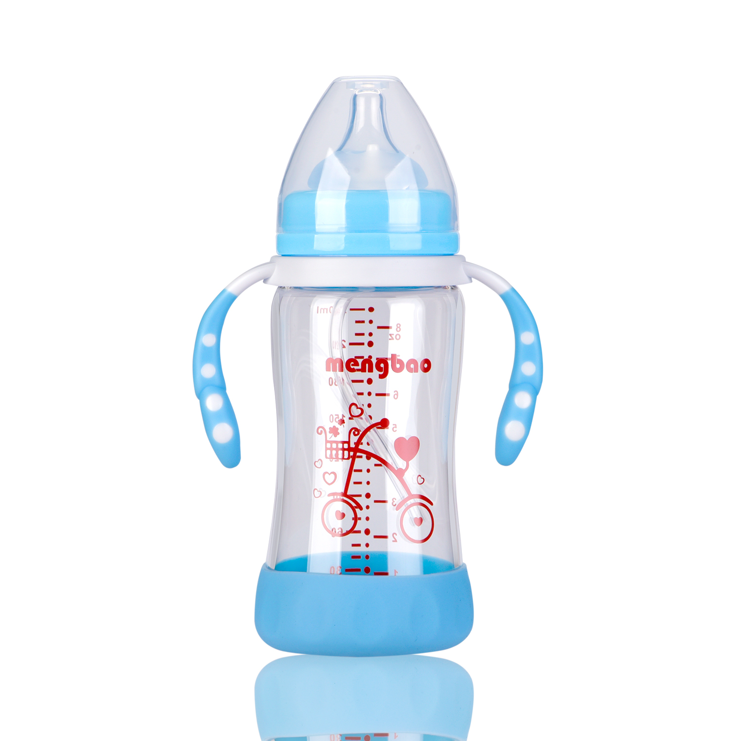 盟宝玻璃奶瓶 婴儿带手柄吸管宽口径奶瓶 防摔240ml蓝色