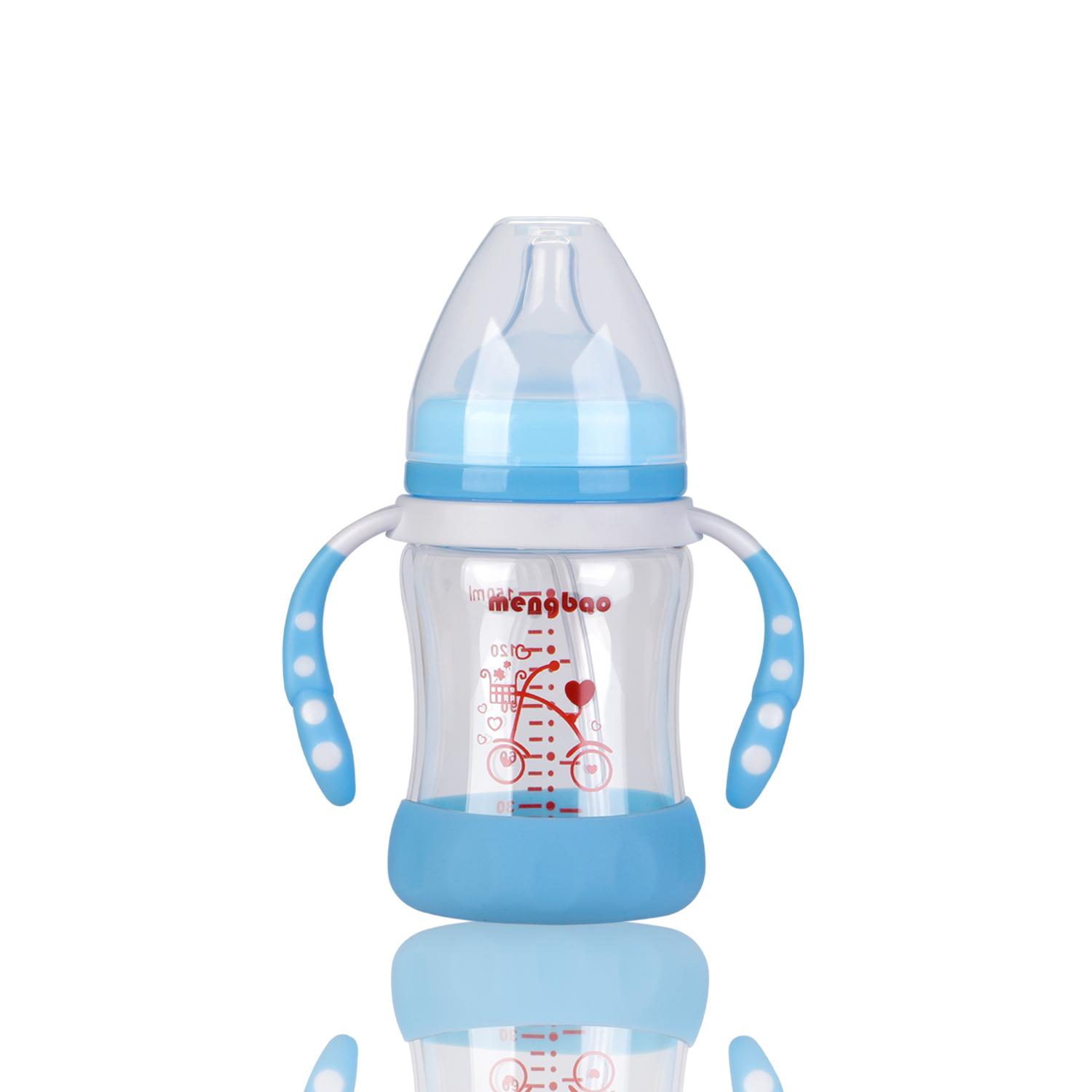 盟宝玻璃奶瓶 婴儿带手柄吸管宽口径奶瓶 防摔150ml蓝色