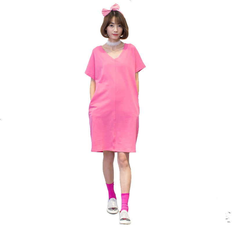 韩国孕妇装夏季连衣裙中长款玫红桃心领T恤裙时尚孕妇连衣裙