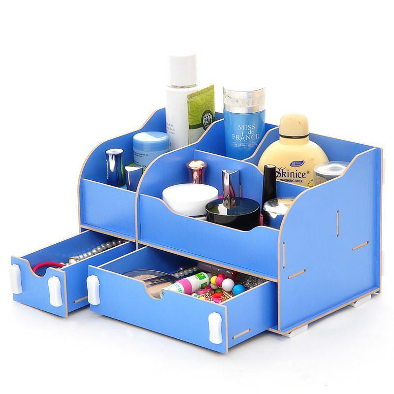 实用二代DIY一大一小B款双抽屉木质收纳盒/化妆盒(AJ015)--蓝色