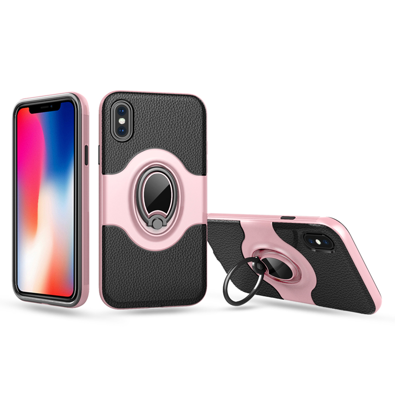 HIGE/iPhoneX手机壳指环扣支架吸盘皮纹手机壳保护套 适用于苹果x手机壳 粉色