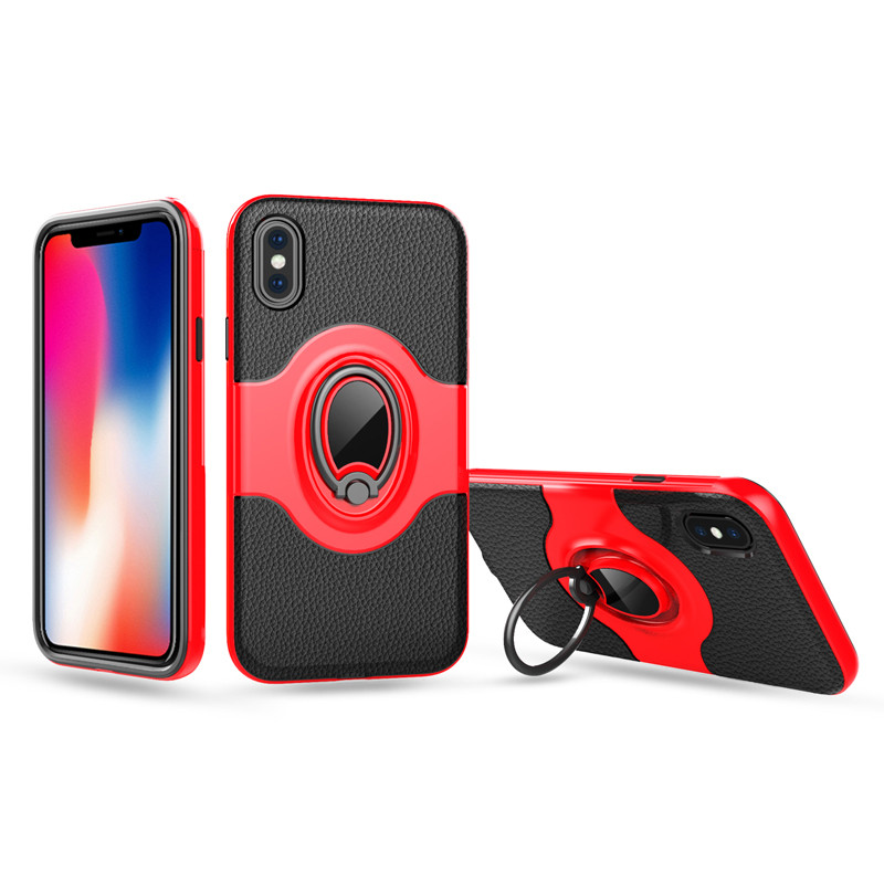 HIGE/iPhoneX手机壳指环扣支架吸盘皮纹手机壳保护套 适用于苹果x手机壳 红色