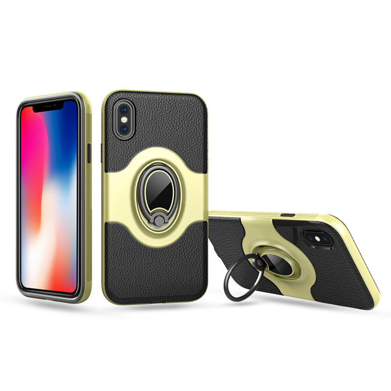 HIGE/iPhoneX手机壳指环扣支架吸盘皮纹手机壳保护套 适用于苹果x手机壳 金色