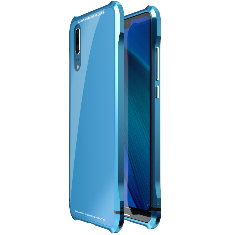 HIGE/华为p20手机保护壳时尚金属边框钢化玻璃背板手机保护套 华为P20时尚玻璃手感保护壳 适用于华为P20-清新蓝