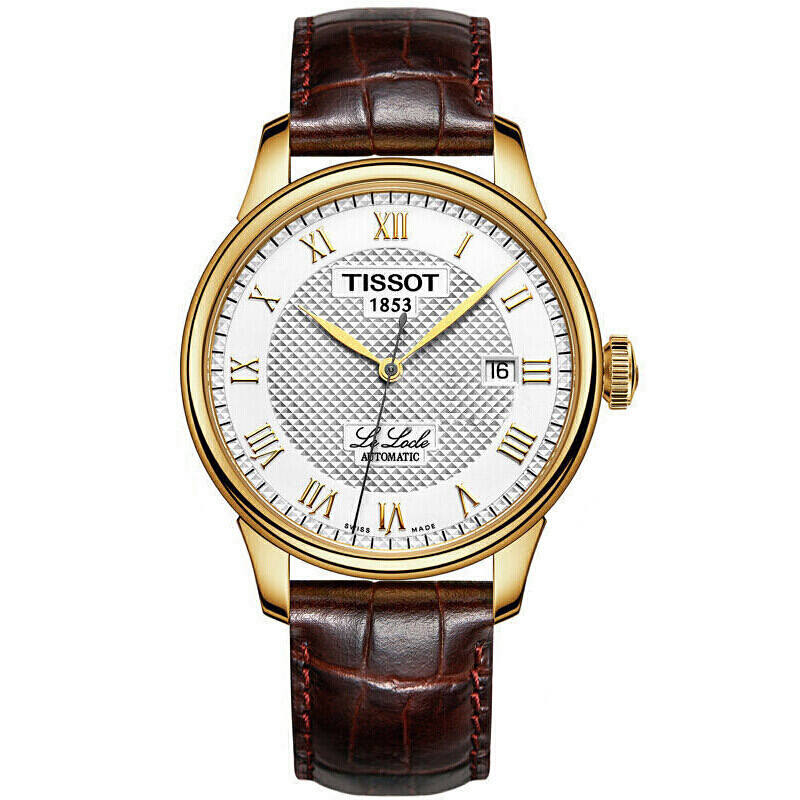 天梭TISSOT力洛克系列自动机械真皮金色男士手表正装时尚男表T41.5.413.73