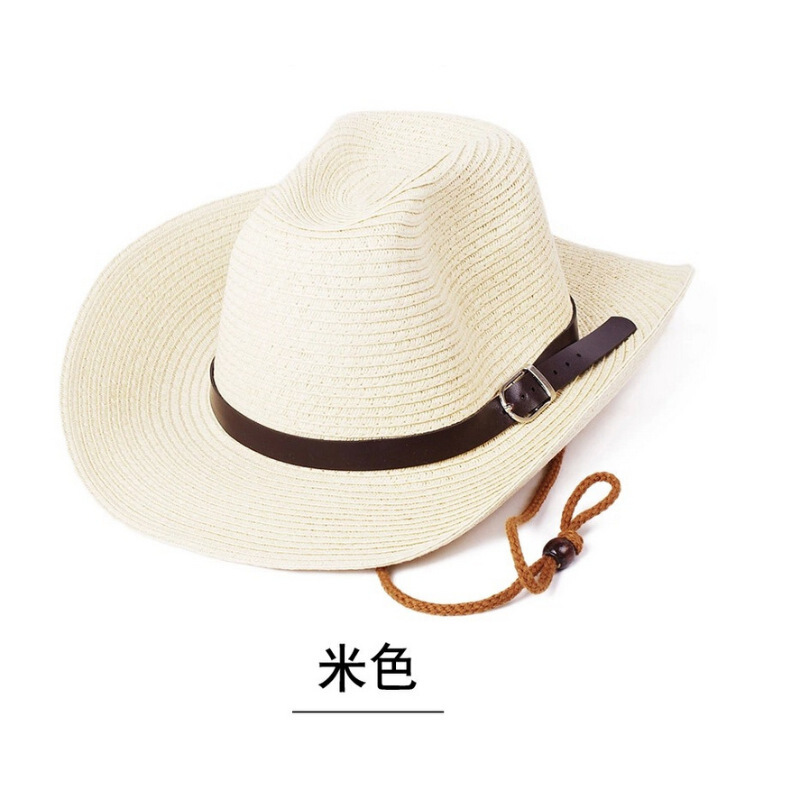 男士帽子夏天可折叠帽外防晒太阳帽户外沙滩帽大檐遮阳凉帽西部草帽-米色M(56-58cm)