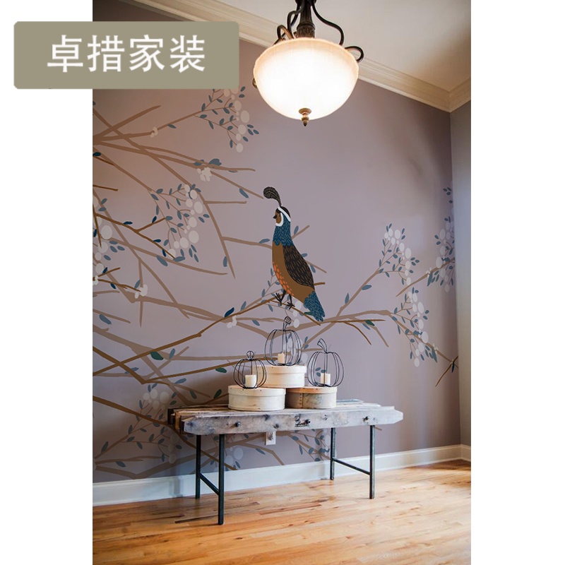 工笔花鸟现代中式卧室客厅壁纸无缝无纺布墙纸定制壁画壹德壹