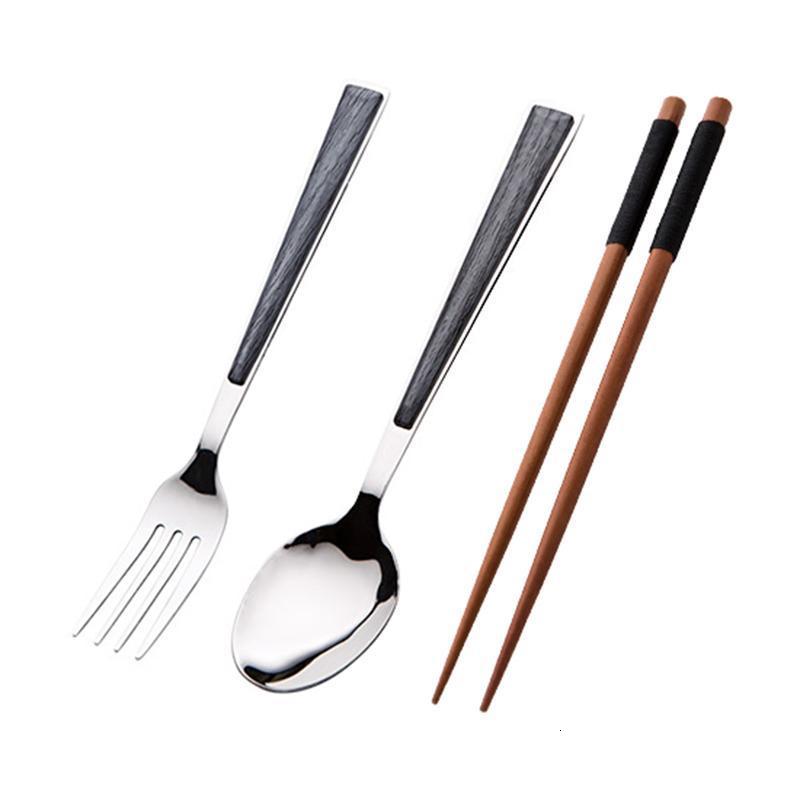 木质筷子餐具套装不锈钢叉勺家用长柄勺子叉子儿童小汤勺-灰色三件套