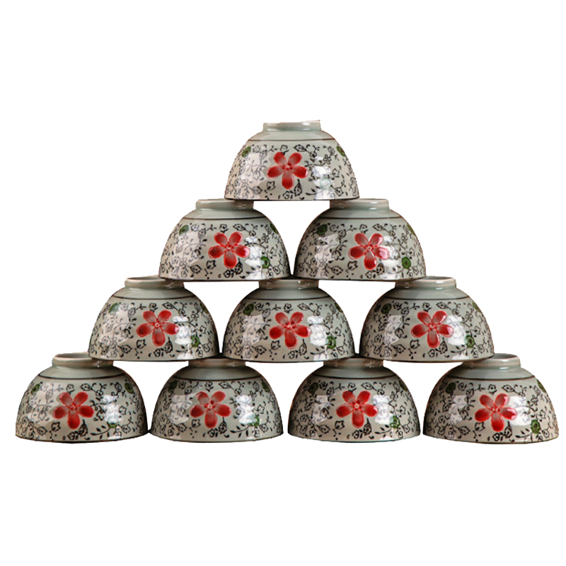 风源10个装日式陶瓷碗4.5英寸家用吃饭碗餐具(大红花高脚碗)