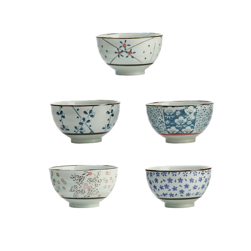 风源日式家用五只装饭碗陶瓷碗米饭碗韩式小汤碗套装(米饭碗五色各一个+5筷)