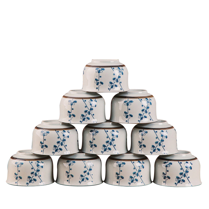 风源家用吃饭碗小汤碗韩式米饭碗日式碗10个装( 4.5英寸韩碗蓝梅)