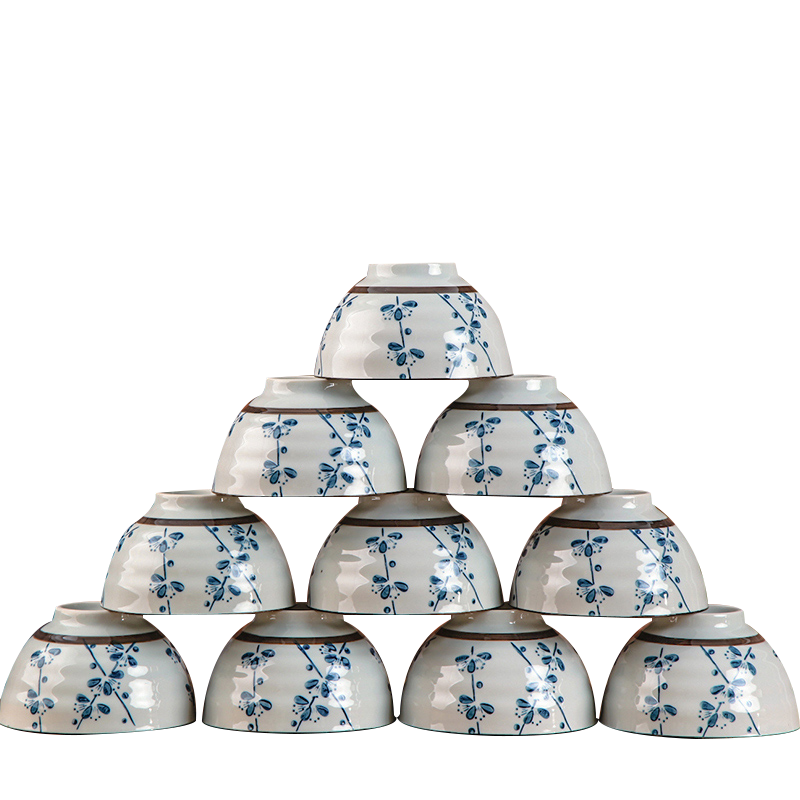 风源韩式米饭碗日式碗10个装家用吃饭碗小汤碗( 4.25英寸高脚碗蓝梅)
