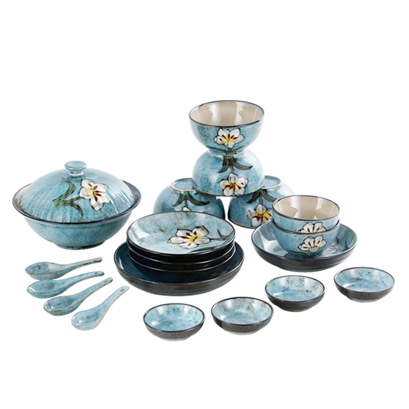 [玉泉]YUQUAN韩式 餐具套装碗碟 中式陶瓷碗盘筷子 釉下彩家用 高淳陶瓷国产 20件