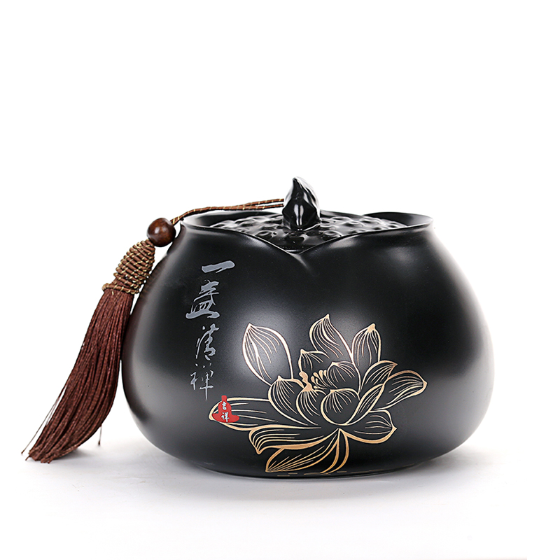 陶瓷手绘山水茶叶罐大中小号密封储存罐茶罐茶盒黑白色荷花瓷罐