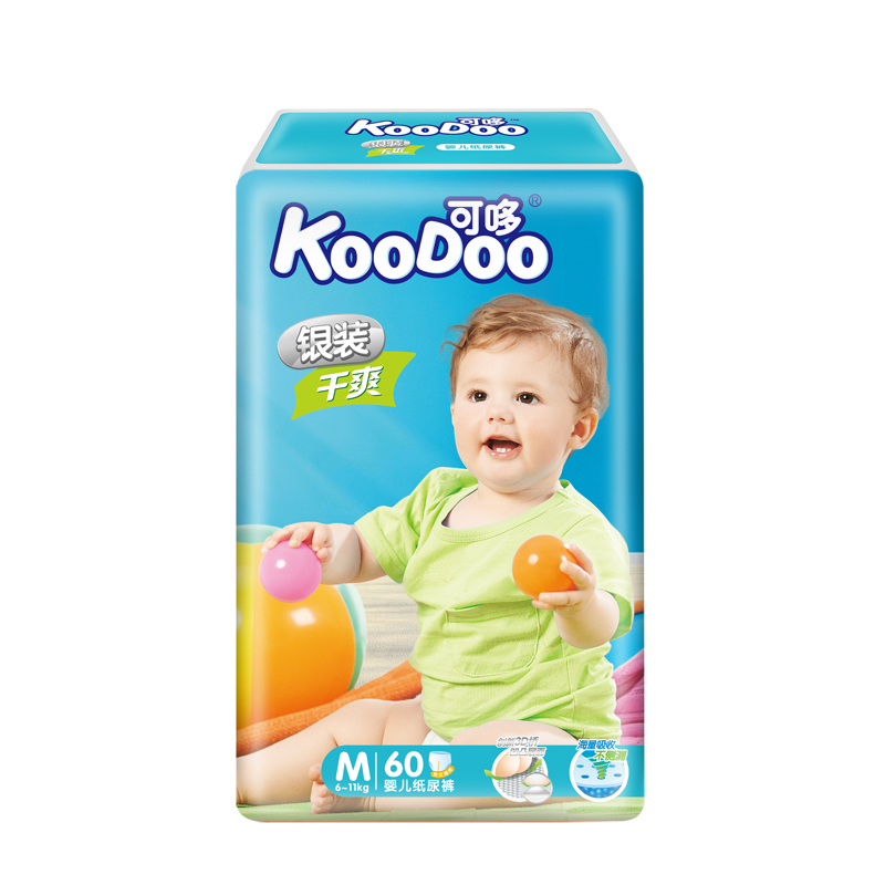 可哆（KooDoo）纸尿裤 银装干爽婴儿尿不湿 中号M码60片【6-11kg】