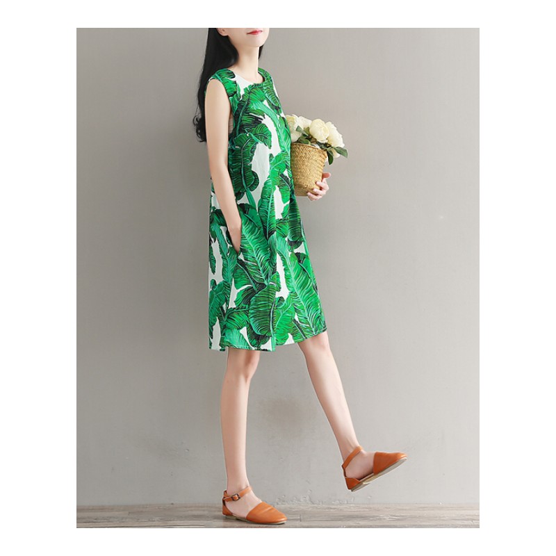 背心裙胖mm2018款印花宽松文艺范度圆领无袖连衣裙绿光森林