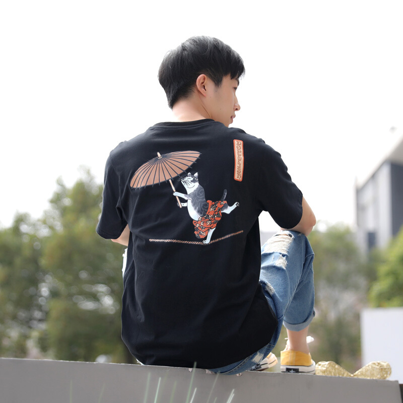 韩版个短袖T恤男猫咪卡通印花tee宽松港风袖上衣潮