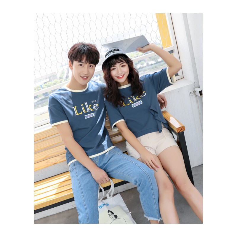 两件短袖T恤韩版侣甜院风袖潮T170靛蓝