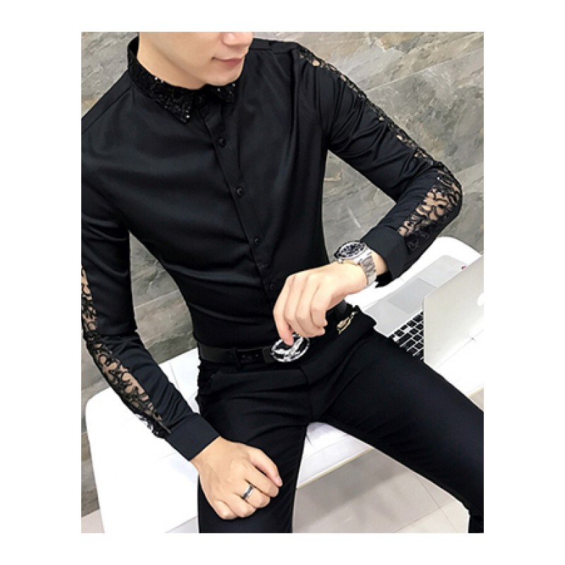 个韩版镂空蕾丝衬衫男长袖修身薄款时尚花衬衣潮型师