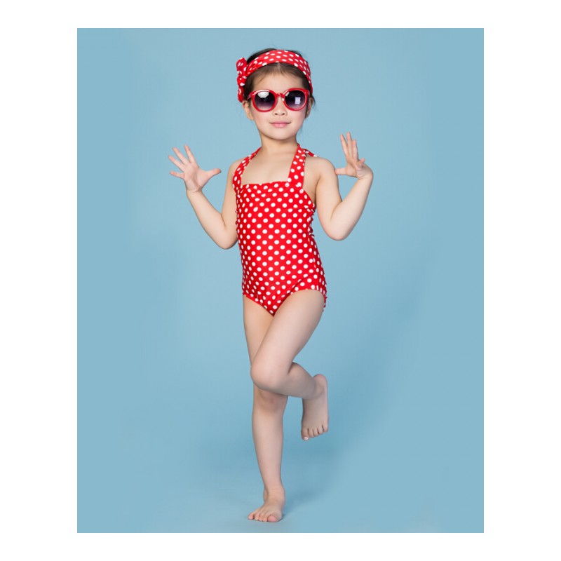 儿童连体泳衣女童3-13岁女孩泳装波点晒温泉度假套装潜水服