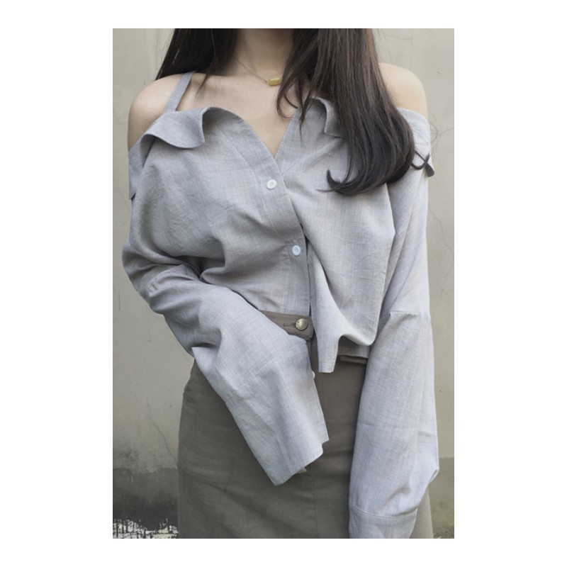韩国复古chic风洋气灰色露肩衬衫女长袖衬衣上衣女潮春款 灰色 均码