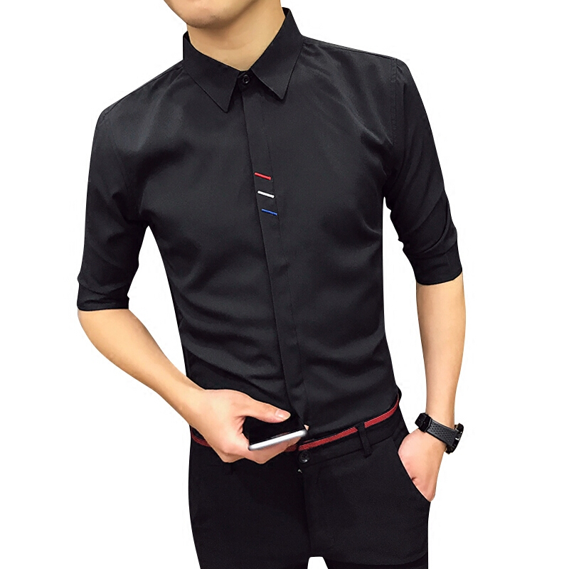 中袖衬衣春夏季薄款短袖韩版修身型潮男士弹力型师五分袖衬衫