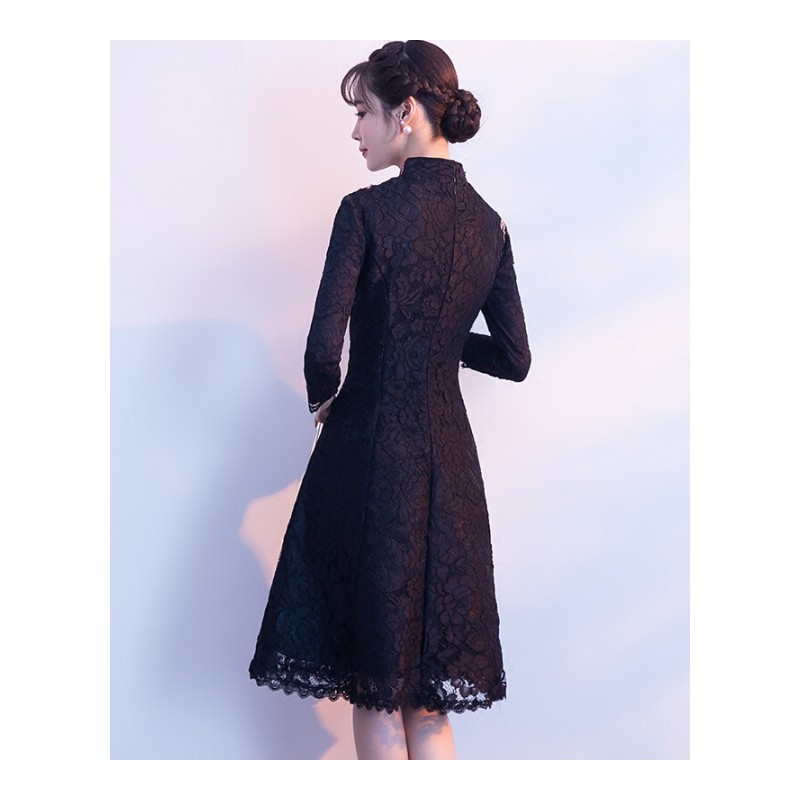 改良旗袍女夏长袖2018新款中长款年会礼服黑色蕾丝连衣裙优雅长袖