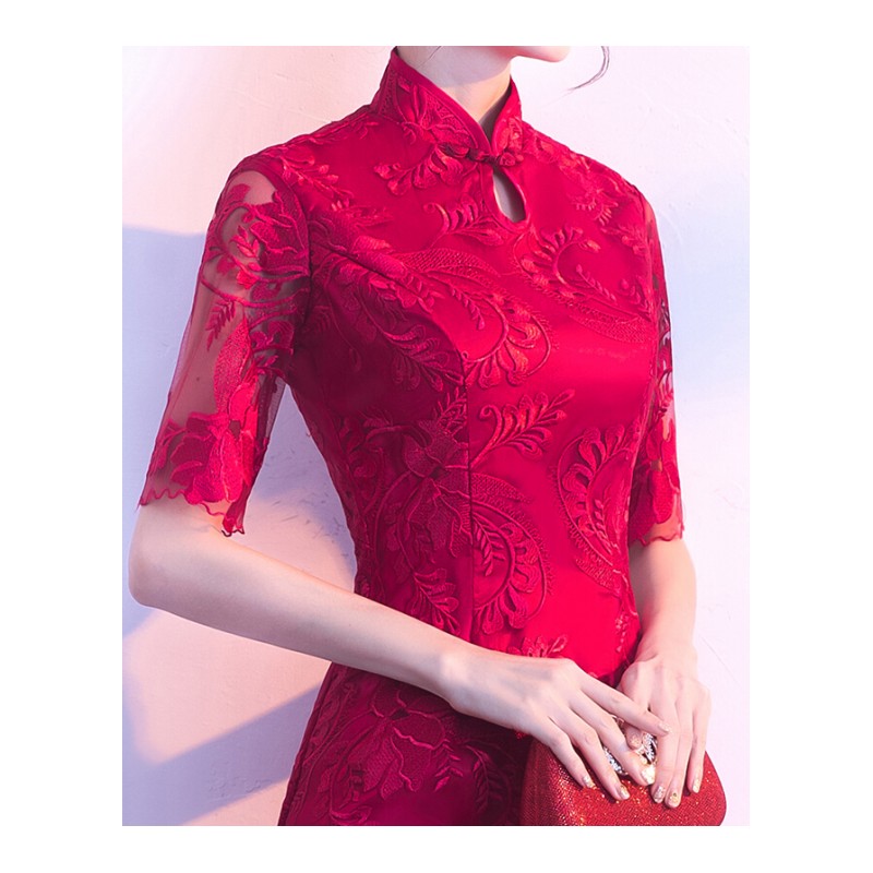 红色新娘敬酒服旗袍2018新款冬季长款复古中国风中式结婚礼服裙女