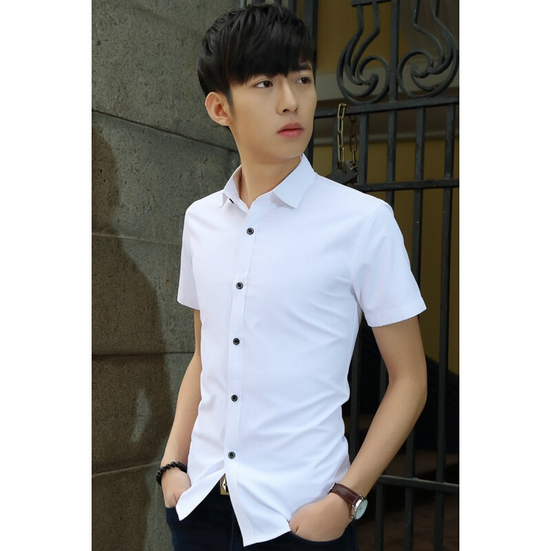 夏季韩版青少年婚礼纯白色薄款短袖男衬衫修身免烫棉质衬衫潮