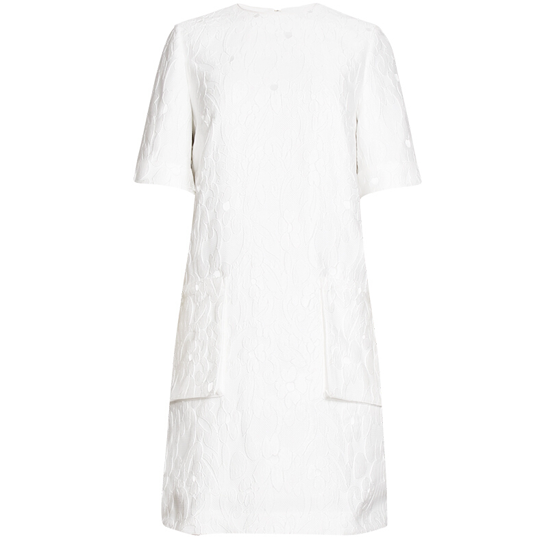 夏季大口袋直身提花短袖连衣裙雅时尚21纯白