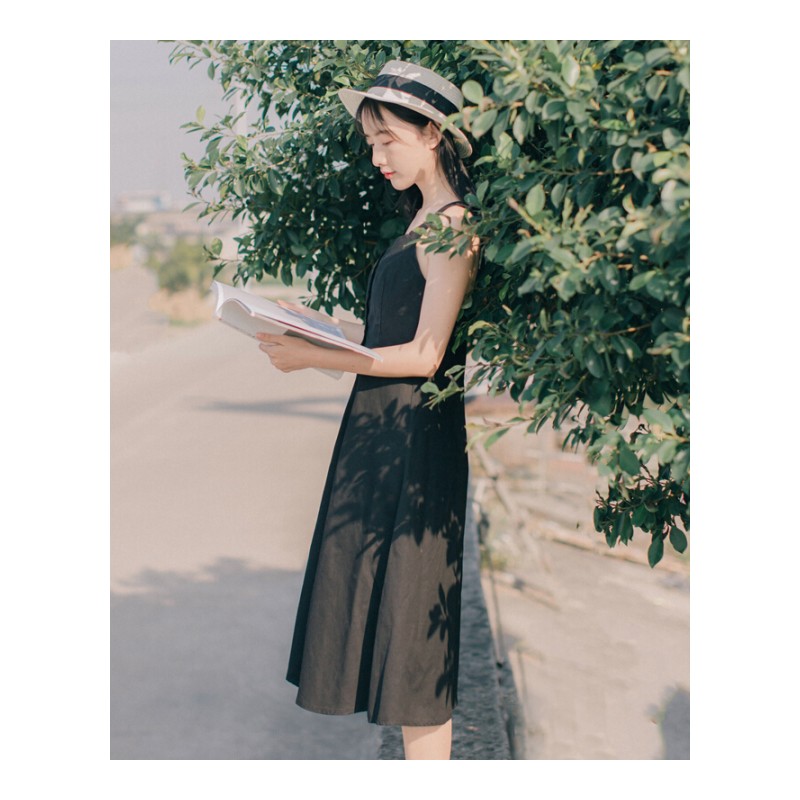 18夏季韩版背带裙女中长款单排扣连衣裙黑色均码