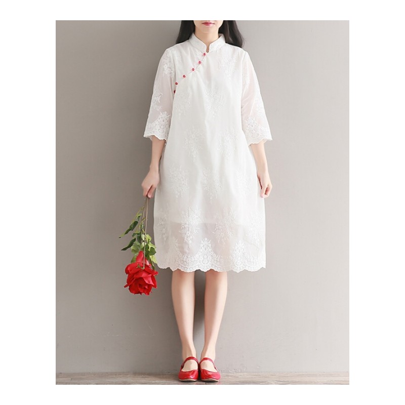 夏季重工刺绣花宽松白色连衣裙文艺复古中式改良旗袍裙女白色