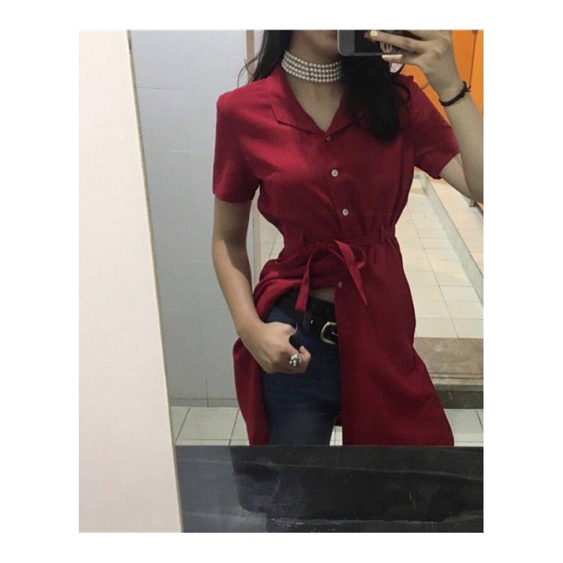 夏季韩版复古红气质短袖连衣裙单排扣绑带显瘦中长款裙子复古红