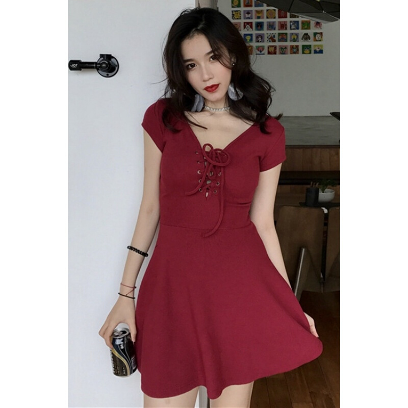 夏季韩版复古修身显瘦系带绑带高腰V领短袖中裙连衣裙女红色均码