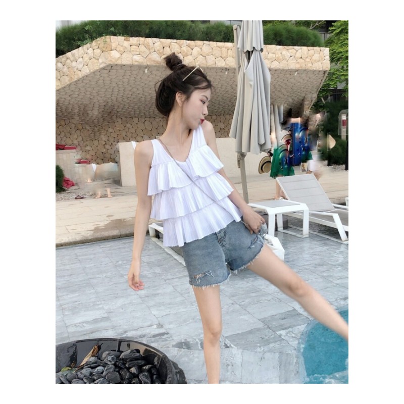 夏装2018韩版小清新带无袖上衣双层显瘦背心女外穿白色均码