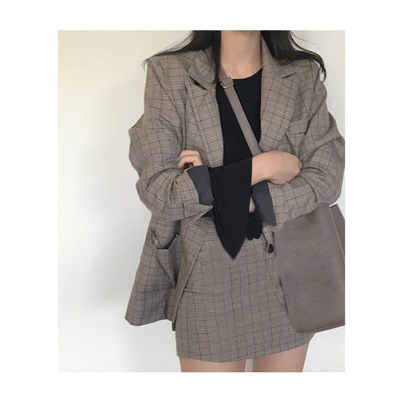 新款韩国复古风气质显瘦英伦洋气短款格子西装外套+半身裙女