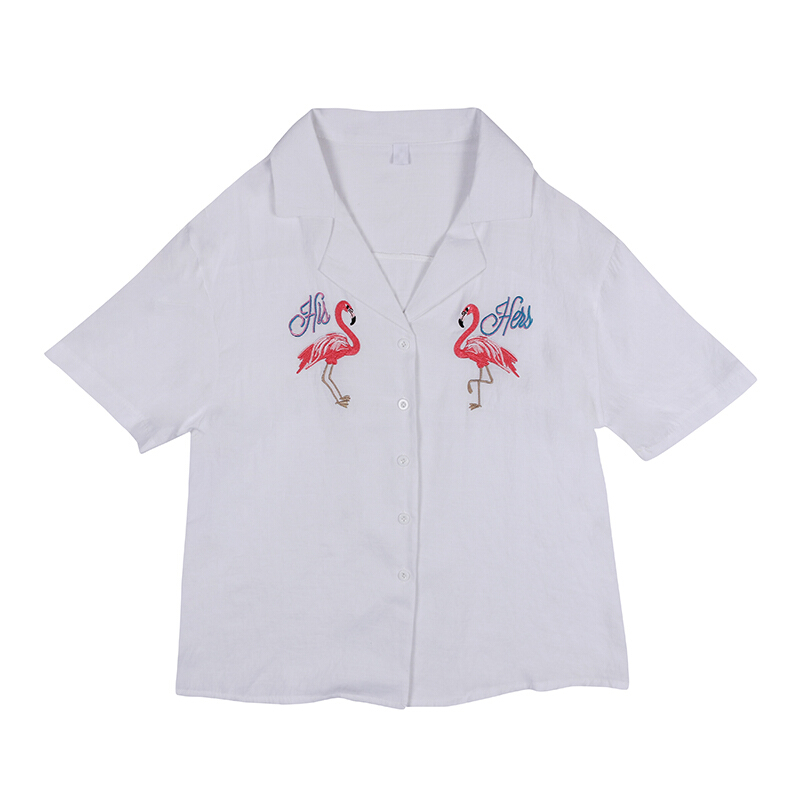 夏季韩国火烈鸟刺绣单排扣宽松气质西装领短袖棉麻衬衫女 白色 均码
