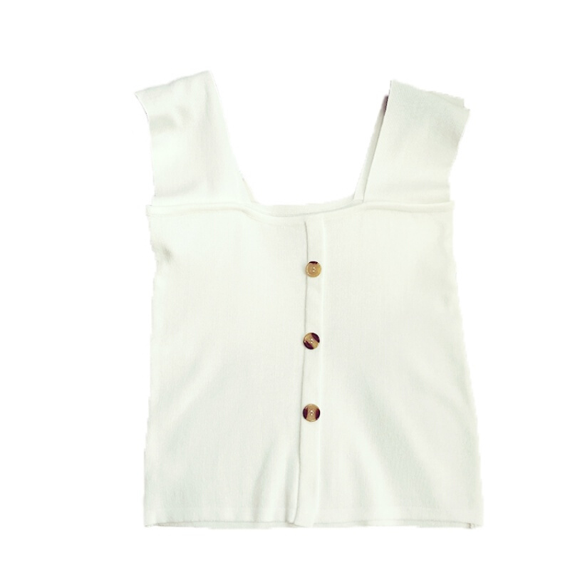 2018夏装简约单排扣方领针织小背心女修身显瘦打底带衫白色均码